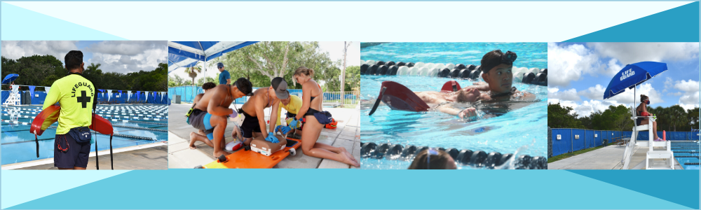 Lifeguard photo collage of lifeguard looking at pool, lifeguards training, and a lifeguard sitting in the lifeguard post watching the pool