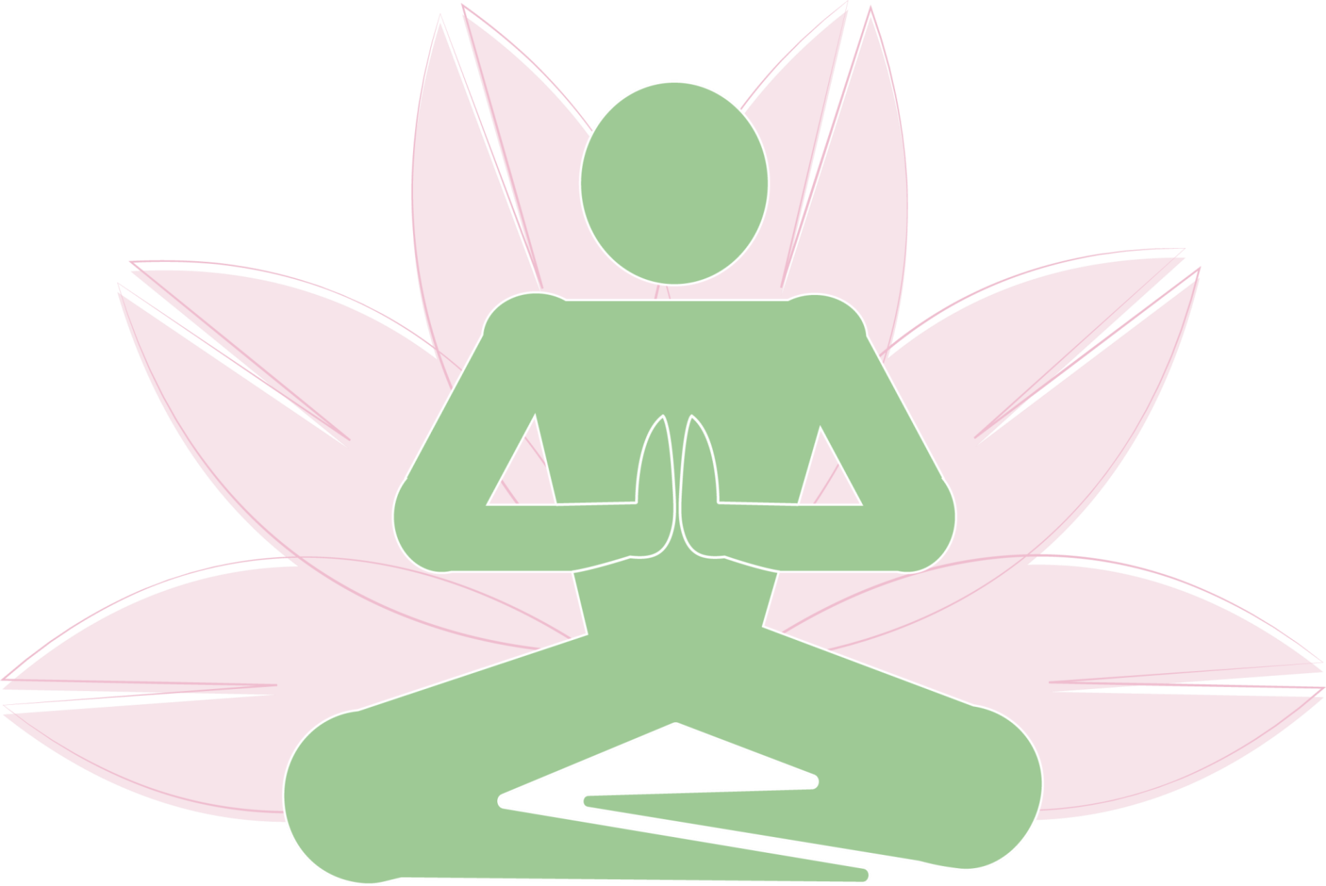 Green stick figure in yoga pose with Pink lotus leaves behind