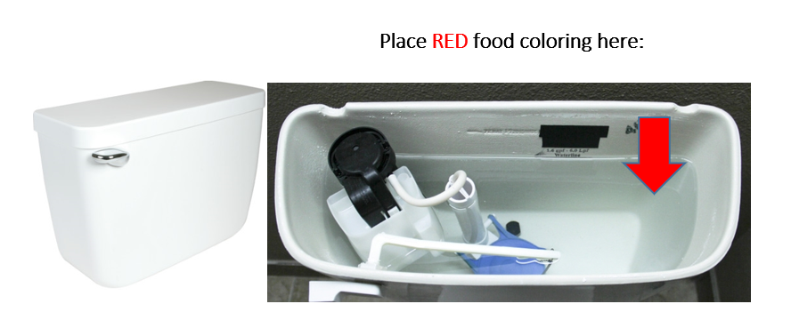 Arrow showing where to place Red food coloring in toilet tank.