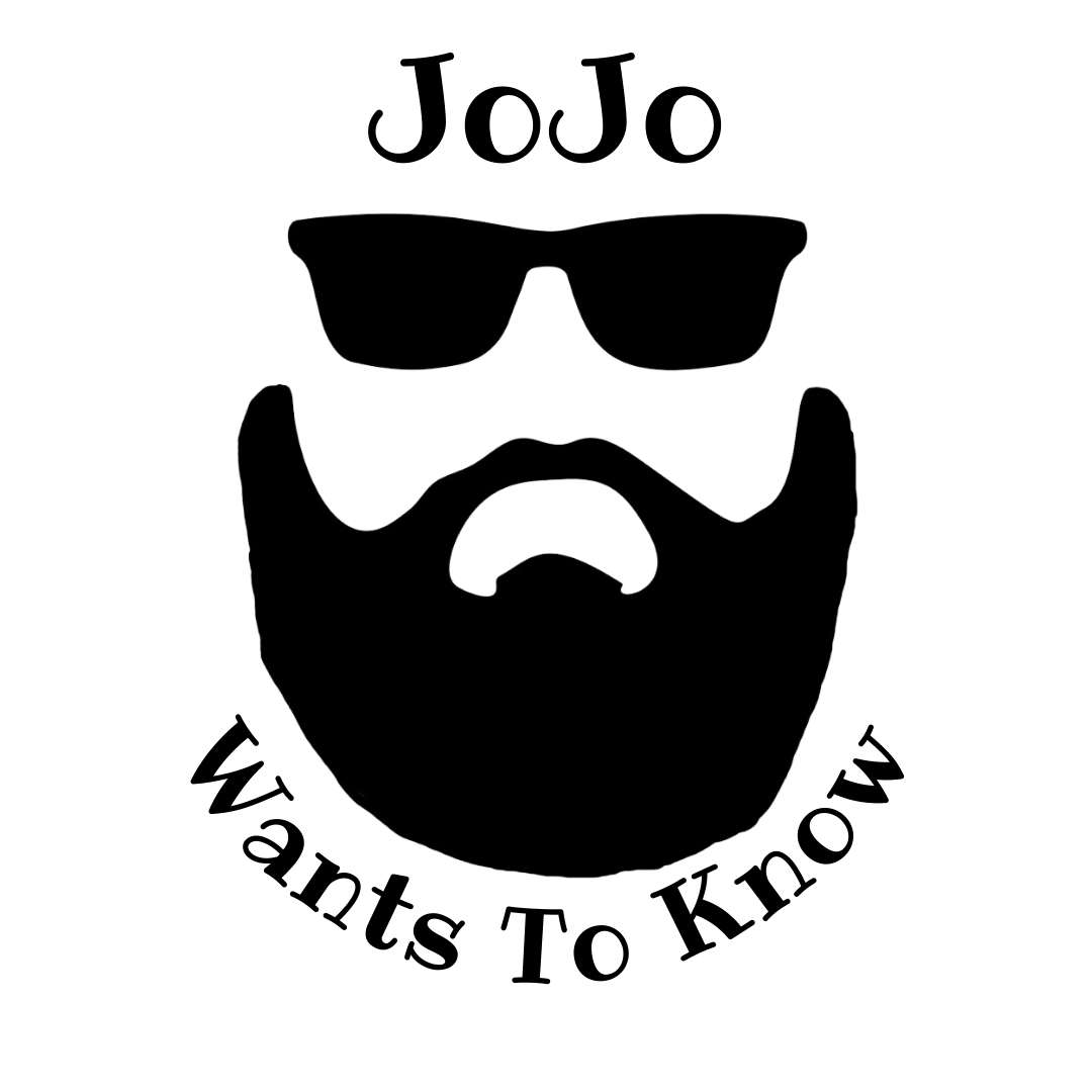 Logo of Jojo Wants To know with sunglasses and beard