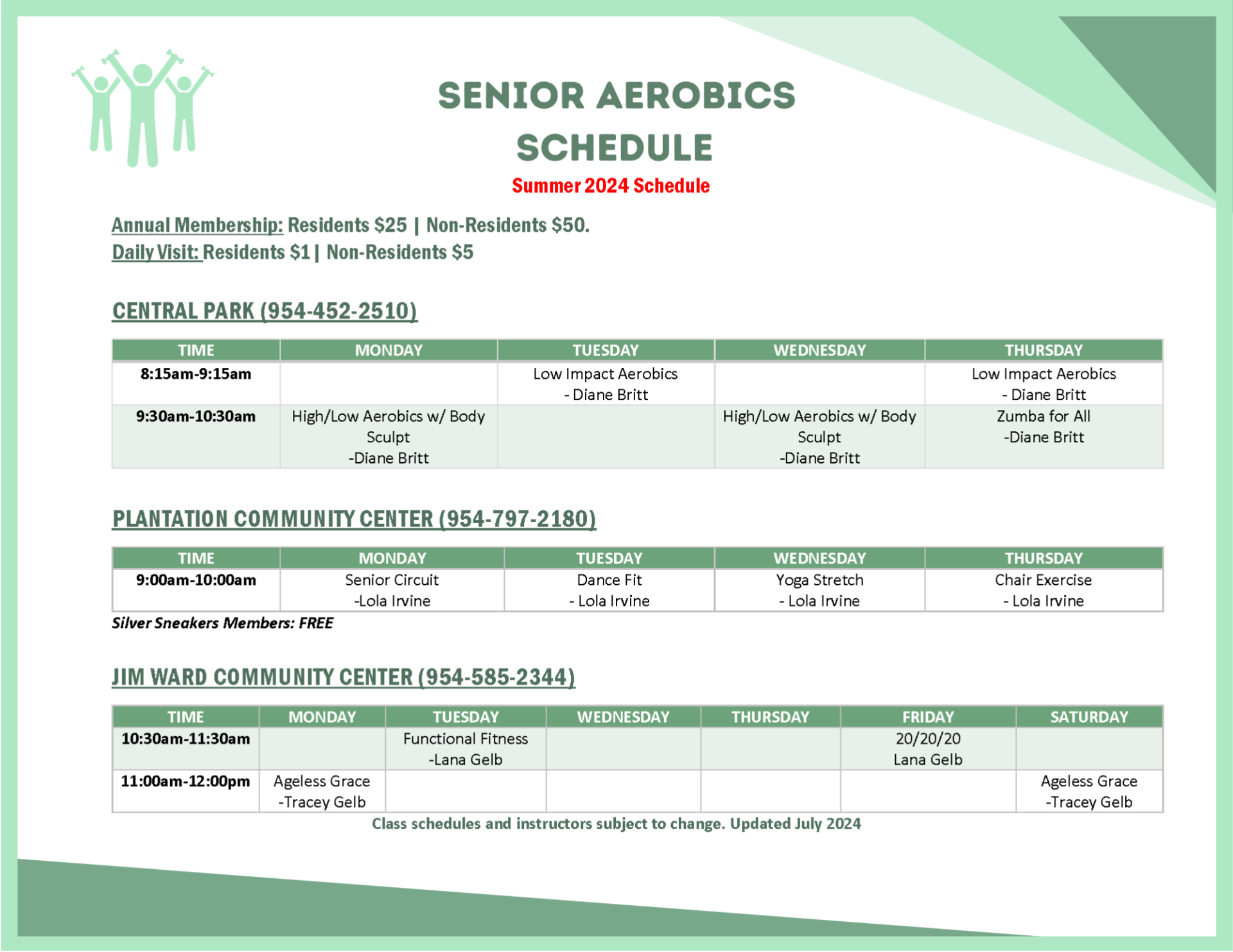 Senior Aerobics Master Schedule - July 2024